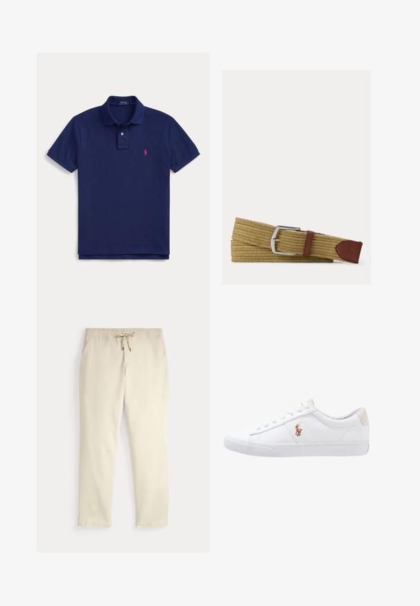 Námornícka modrá polokošeľa s golierom, zapínaním na dva gombíky, krátkymi rukávmi a malým červeným logom Ralph Lauren na ľavej strane hrude.; Krémové voľné nohavice s elastickým pásom a šnúrkou, rovné nohy a bočné vrecká na jednofarebnom pozadí.; Biele plátenné tenisky s nízkym strihom, ktoré majú béžový opasok na päte a malé vyšívané logo na boku. Gumová podrážka.; Prepletený svetlohnedý látkový opasok so striebornou metalovou prackou a hnedými koženými akcentmi, vrátane zašitého loga na konci.