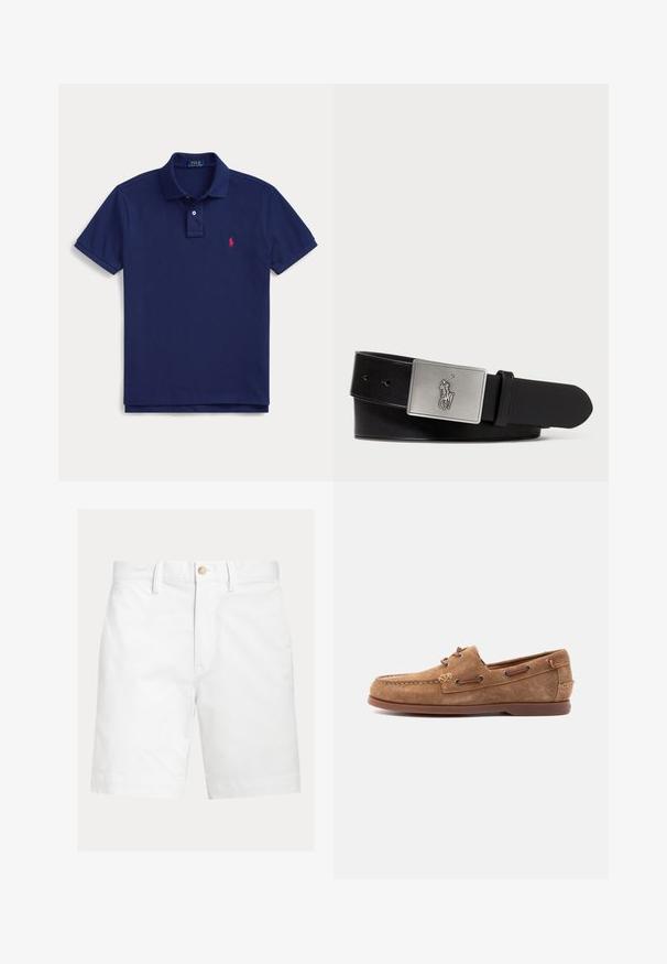 Námornícka modrá polokošeľa s golierom, zapínaním na dva gombíky, krátkymi rukávmi a malým červeným logom Ralph Lauren na ľavej strane hrude.; Biele šortky po kolená s pútkami na opasok a hnedým gombíkom na zapínanie v páse, zobrazené na jednoduchom pozadí.; Hnedý semišový mokasín s koženou šnúrkou, prešitou špičkou a plochou gumovou podrážkou, zobrazený z boku na svetlom pozadí.; Čierny kožený opasok s obdĺžnikovou striebornou kovovou prackou s vyrazeným logom jazdca, hladkou textúrou a piatimi otvormi na opasok.