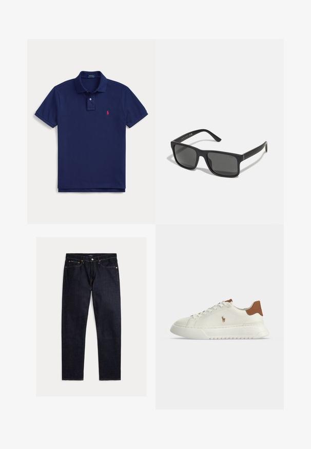 Polo majica mornarsko plave boje s ovratnikom, kopčanjem na dva gumba, kratkim rukavima i malim crvenim Ralph Lauren logom na lijevoj strani prsa.; Tamne indigo ravne traperice s pet džepova, zatvaranjem na gumb i patent te kontrastnim narančastim šavom na jednobojnoj pozadini.; Bijela niska tenisica sa smeđim tabom na peti, vezicama sprijeda, debelim potplatom i malim vezenim logom konja sa strane.; Crne pravokutne sunčane naočale s tamnim lećama i mat završnom obradom. Imaju urezani "POLO" logotip na drškama i čvrst dizajn okvira.