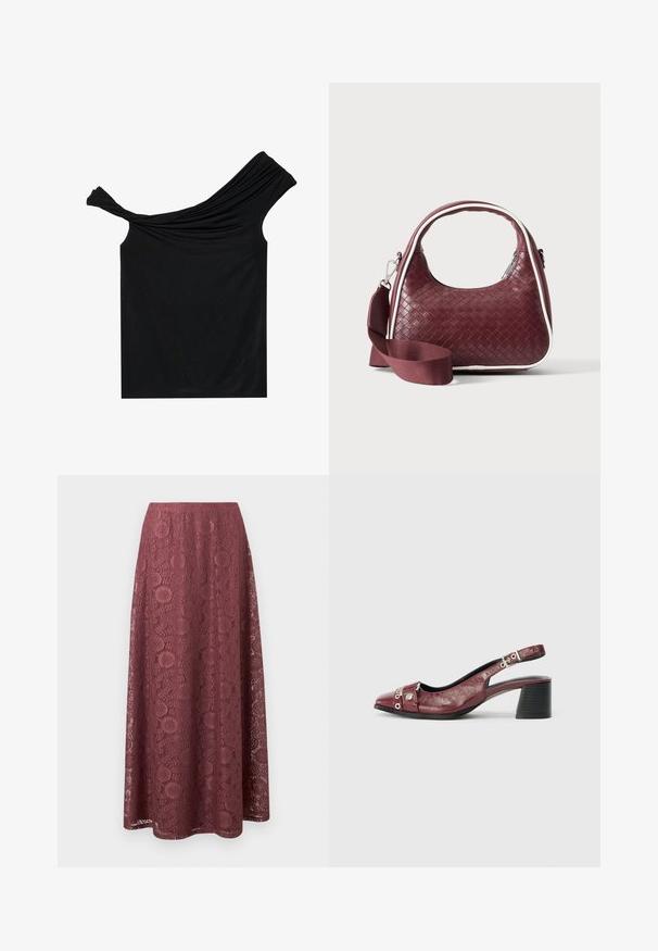 Blusa negra sin hombros hecha de una tela suave. Presenta un detalle retorcido en el escote y una silueta ajustada.; Falda larga de encaje malva con patrones florales y geométricos, silueta en línea A y cintura lisa.; Zapato slingback de cuero burdeos con punta redonda, diseño curvado, acentos de metal plateado y tacón ancho. Acabado texturizado.; Bolso de mano de cuero tejido color granate con asa curva, ribete blanco, cremallera plateada y correa desmontable de tela ancha para el hombro sobre fondo liso.