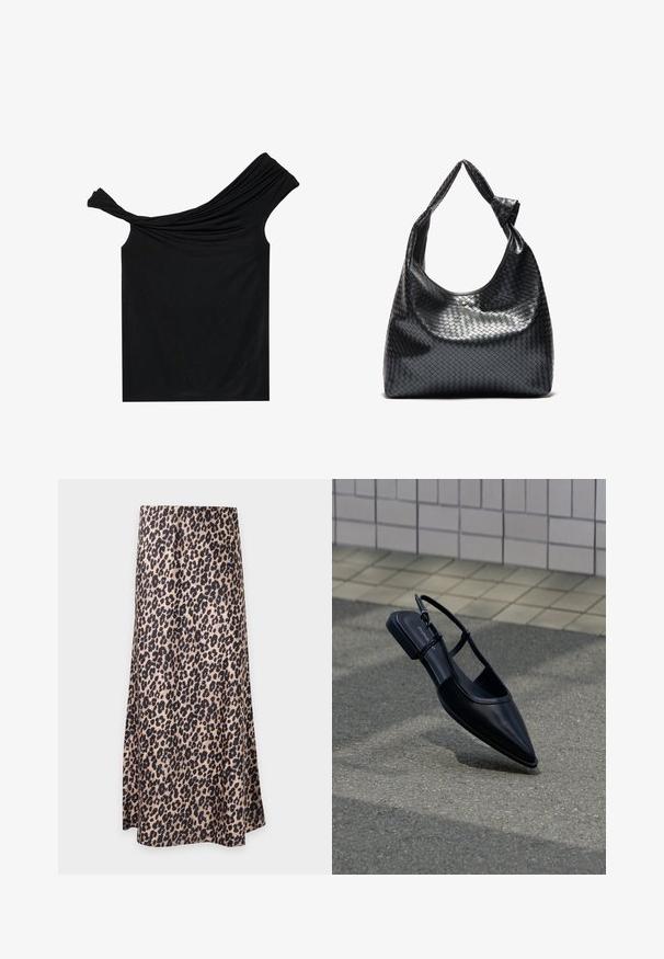 Zwarte off-shoulder top van een zachte stof. Heeft gedraaide details bij de halslijn en een strakke pasvorm.; Midi-rok met luipaardprint en een licht uitlopende snit in beige en zwarte tinten, afgebeeld tegen een effen lichte achtergrond.; Zwarte platte schoen met puntige neus en slingback, zwevend boven een asfaltoppervlak naast een betegeld trottoir.; Zwarte geweven lederen handtas met een slouchy ontwerp, voorzien van een geknoopte schouderband en een kleine decoratieve gouden stud aan de bovenkant.