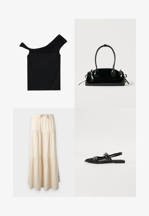 Blusa negra sin hombros hecha de una tela suave. Presenta un detalle retorcido en el escote y una silueta ajustada.; Falda larga beige de capas con cinturilla elástica y cordón, que presenta un diseño de tela fluida y fruncida.; Even&Odd by Zalando Bailarinas con tira trasera - black; Pequeño bolso negro brillante con dos asas largas y detalles de cordón lateral sobre un fondo claro liso.