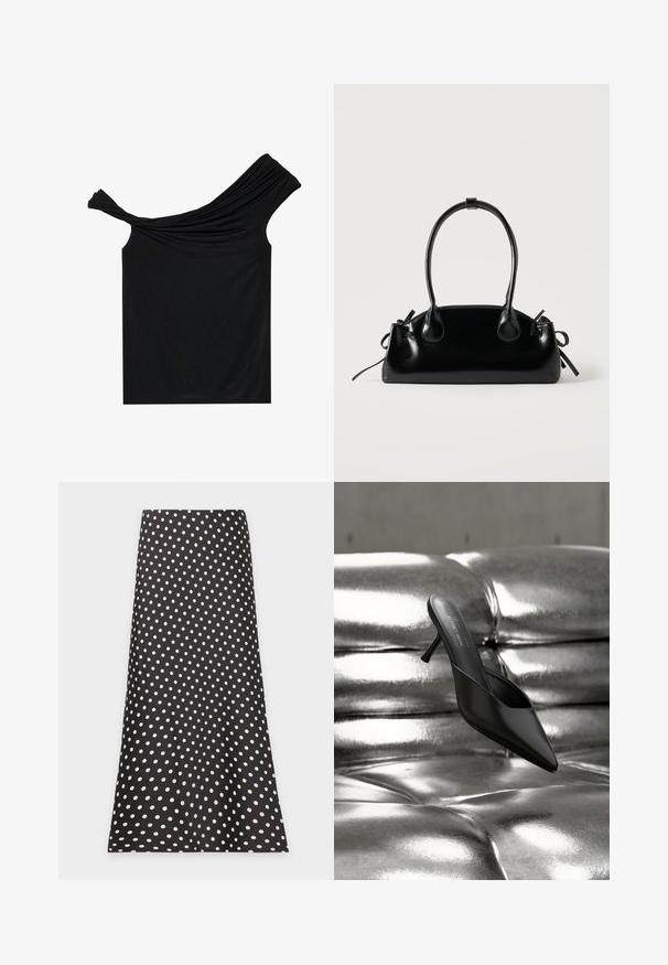 Schwarzes, schulterfreies Oberteil aus einem weichen Stoff. Mit gedrehten Details am Ausschnitt und einer figurbetonten Silhouette.; Schwarzer A-Linien-Rock mit weißen Polka-Punkten, gleichmäßig über den Stoff verteilt, flach auf weißem Hintergrund dargestellt.; Schwarzer Mule mit spitzer Spitze und schlankem Absatz, platziert auf einer glänzenden, silbermetallischen, gesteppte Oberfläche.; Kleine schwarze glänzende Handtasche mit zwei langen Griffen und seitlichen Kordelzug-Details vor einfachem hellem Hintergrund.