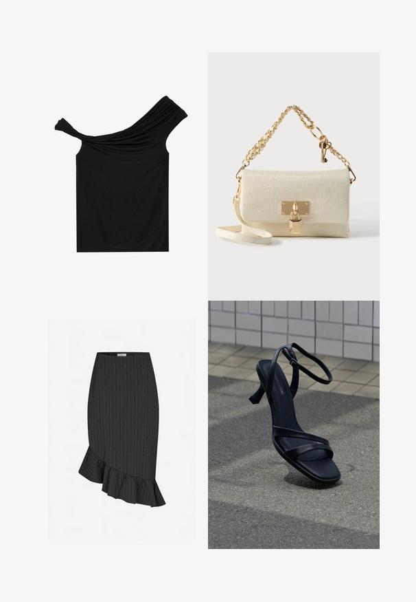 Sort off-shoulder top lavet af et blødt stof. Har snoet detalje ved udskæringen og en tætsiddende silhuet.; Stribet nederdel i sort og hvid med flæset kant og asymmetrisk design, der har en tætsiddende silhuet og en elastisk talje for komfort.; Sort højhælet sandal med stropper og ankelspænde, der svæver over tekstureret gråt fortov med flisebelagt væg i baggrunden.; Flødefarvet håndtaske med krokodillepræg og en guldkæde som rem, udstyret med metal lås og små nøgledekor. Glat, struktureret finish.