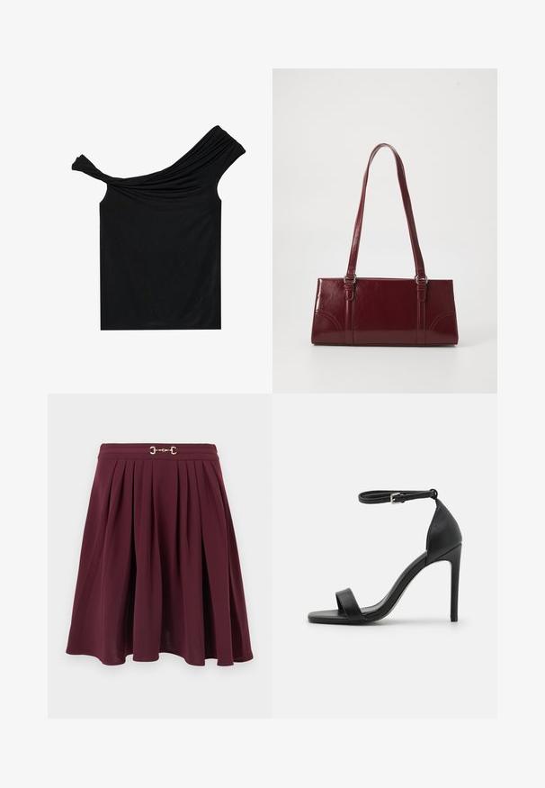 Blusa negra sin hombros hecha de una tela suave. Presenta un detalle retorcido en el escote y una silueta ajustada.; Falda plisada en línea A de color burdeos con un detalle metálico dorado en forma de estribo en la cintura, expuesta sobre un fondo claro liso.; Sandalia de tacón alto negra con un diseño elegante, que cuenta con una correa en el tobillo, punta abierta y una textura de cuero suave.; Bolso burdeos hecho de material brillante, de forma rectangular, con dos asas para el hombro y sutiles acentos curvados en la parte frontal.