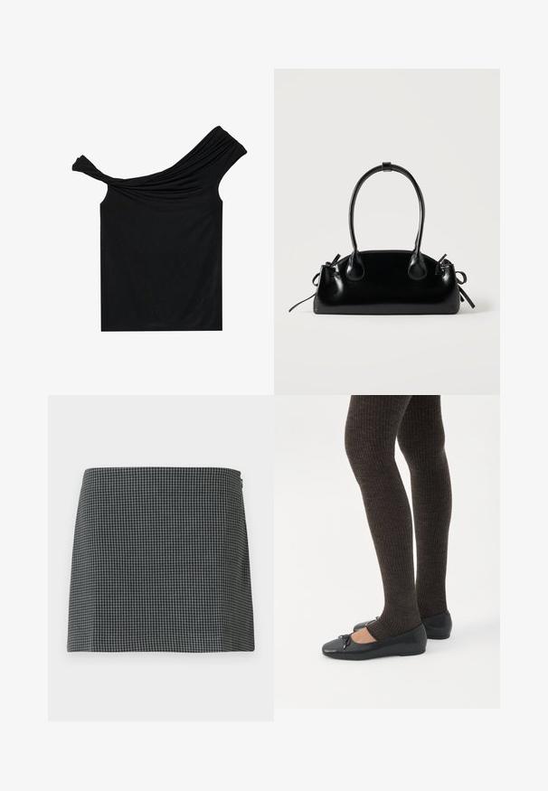 Zwarte off-shoulder top van een zachte stof. Heeft gedraaide details bij de halslijn en een strakke pasvorm.; Zwart-wit geblokte rok gemaakt van stof met een gladde textuur. Heeft een rechte silhouette en een ritssluiting aan de zijkant.; Benen met donkere geribbelde leggings gecombineerd met zwarte ballerina's met kleine strikdetails op een witte achtergrond.; Kleine zwarte glanzende handtas met twee lange hengsels en zijkant trekkoord details op een effen lichte achtergrond.