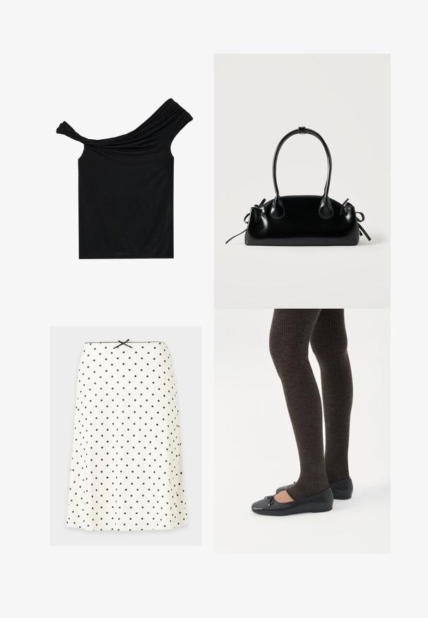Blusa negra sin hombros hecha de una tela suave. Presenta un detalle retorcido en el escote y una silueta ajustada.; Falda blanca de corte en A con lunares negros, un pequeño lazo negro en la cintura y borde festoneado a lo largo del borde superior.; Piernas con leggings oscuros acanalados combinados con bailarinas negras que presentan pequeños detalles de lazo sobre un fondo blanco.; Pequeño bolso negro brillante con dos asas largas y detalles de cordón lateral sobre un fondo claro liso.