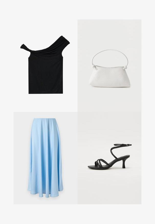 Blusa negra sin hombros hecha de una tela suave. Presenta un detalle retorcido en el escote y una silueta ajustada.; Falda azul claro hasta el suelo, de talle alto, con pliegues suaves y una textura de tela fluida y lisa.; Even&Odd Wide Fit Sandalias - black; Bolso de mano de cuero blanco tejido con asa redondeada y extremos de la correa anudados, exhibido sobre un fondo liso.