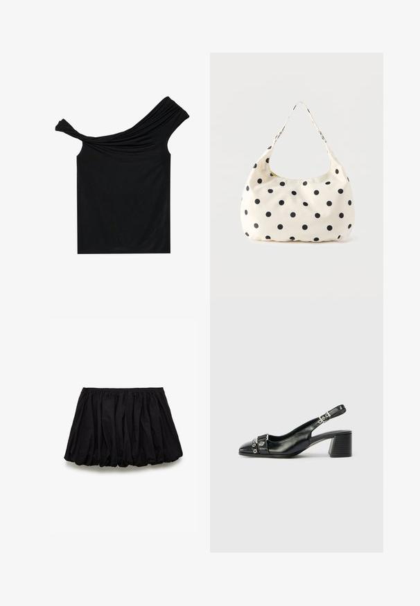 Sort off-shoulder top lavet af et blødt stof. Har snoet detalje ved udskæringen og en tætsiddende silhuet.; Sort nederdel lavet af bomuld, med en sammensat design, elastisk talje og en voluminøs form med en glat tekstur.; Sorte læder slingback hæl med spids tå, tekstureret rem med cirkulære metalliske accenter, og en stablet blokhæl.; Håndtaske i cremefarvet stof med sorte polkaprikker og en enkelt skulderrem, vist mod en ensfarvet hvid baggrund.