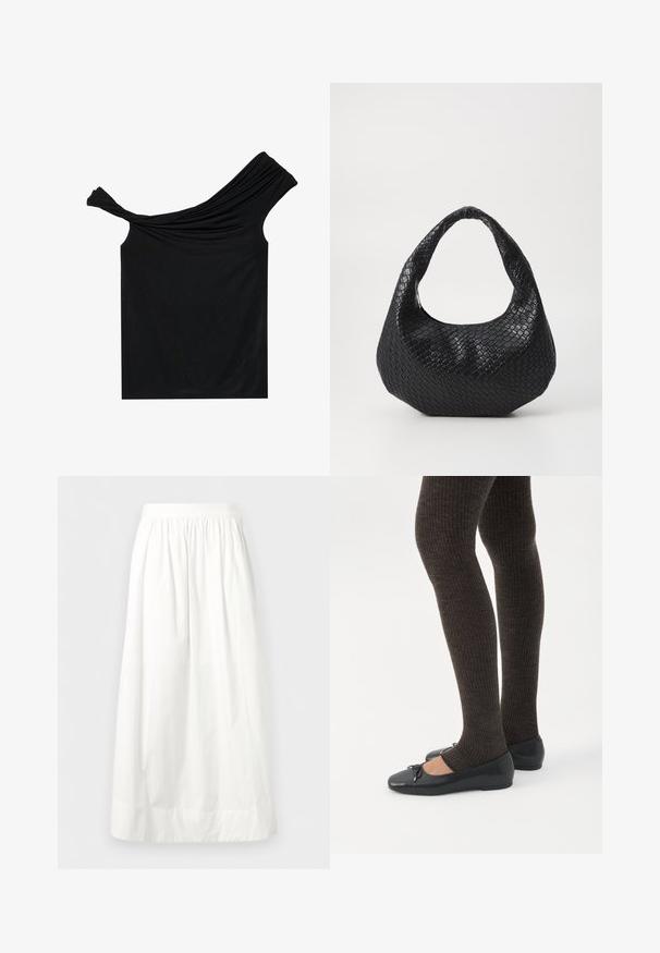 Blusa negra sin hombros hecha de una tela suave. Presenta un detalle retorcido en el escote y una silueta ajustada.; Falda blanca hasta el tobillo con cintura elástica fruncida y tela suelta y fluida.; Piernas con leggings oscuros acanalados combinados con bailarinas negras que presentan pequeños detalles de lazo sobre un fondo blanco.; Bolso de mano tejido en negro con un asa curvada, que presenta una superficie texturizada y una forma holgada. Acabado suave con una silueta orgánica.