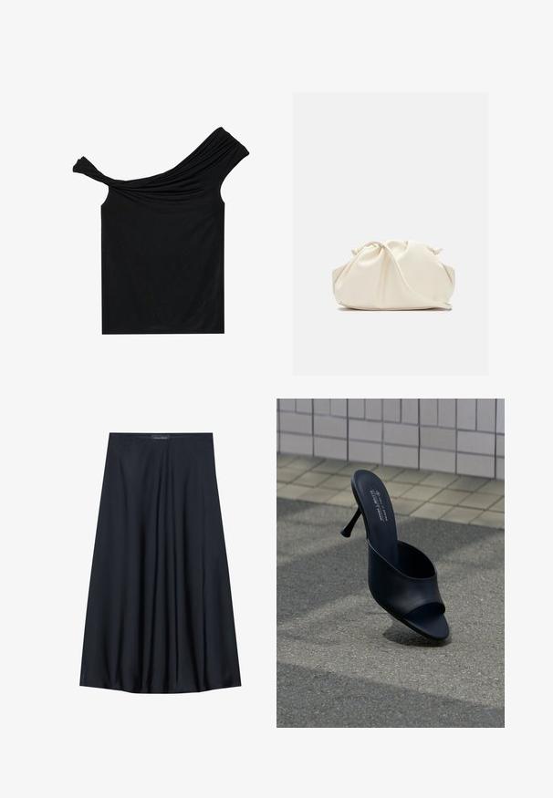 Sort off-shoulder top lavet af et blødt stof. Har snoet detalje ved udskæringen og en tætsiddende silhuet.; Sort, knælang nederdel lavet af letvægtsstof med et svævende design. Har en glat tekstur og subtile plisseringer for en ekstra detalje.; Sort mule med åben tå og slank høj hæl, placeret på asfalt nær en beige væg med firkantede fliser, med tekst på indersålen, der beskriver mærket og det veganske materiale.; Blød, cremefarvet læder clutch taske med samlet, rynket design og en tynd skulderrem, der hviler foran på en ensfarvet baggrund.