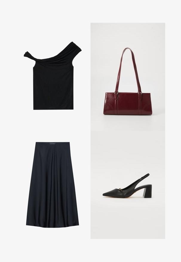 Zwarte off-shoulder top van een zachte stof. Heeft gedraaide details bij de halslijn en een strakke pasvorm.; Zwarte, knielange rok van lichtgewicht stof met een vloeiende uitstraling. Kenmerkt zich door een gladde textuur en subtiele plooien voor extra detail.; Zwarte leren slingback hak schoen met een spitse neus, een kleine voorriem en een blokhak. Glad textuur met gouden accentdetails.; Bourgondische handtas van glanzend materiaal, rechthoekige vorm, met twee schouderbanden en subtiele gebogen accenten aan de voorkant.