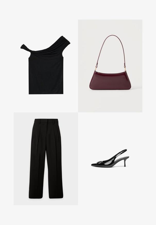 Blusa negra sin hombros hecha de una tela suave. Presenta un detalle retorcido en el escote y una silueta ajustada.; Pantalones negros de tiro alto y pierna ancha con trabillas para cinturón y pliegues delanteros, mostrados planos sobre un fondo blanco.; Tacones slingback de charol negro con punta afilada y acabado brillante. Presentan un tacón delgado y un acento redondeado en el empeine.; Bolso brillante de color burdeos oscuro con un asa fina y única y una forma elegante de trapecio sobre un fondo claro y liso.