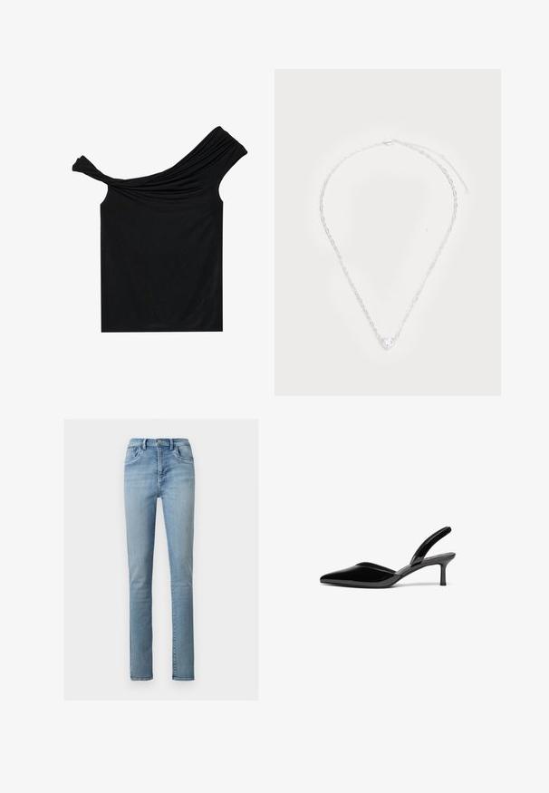 Sort off-shoulder top lavet af et blødt stof. Har snoet detalje ved udskæringen og en tætsiddende silhuet.; Lyseblå denimjeans med lige ben, forlommer, knaplukning og bæltestropper mod en ensartet hvid baggrund.; Sorte patentlæder slingback hæle med spids tå, lav stiletto hæl og et elegant, enkelt design uden pynt.; Sølvkæde med en hjerteformet klar ædelsten i midten, med ovale led og en sikker love clasp.