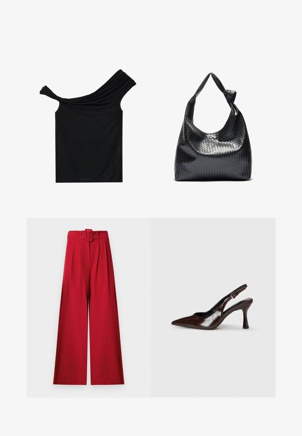 Sort off-shoulder top lavet af et blødt stof. Har snoet detalje ved udskæringen og en tætsiddende silhuet.; Rødt, vidt ben, højtaljede bukser med forreste læg og et matchende stofbælte med rektangulært spænde.; Brune patenterede læderslingback-sandaletter med spids tå, en tynd hæl og justerbar rem med en lille spænde.; Sort vævet lædertaske med en afslappet design, der har et knyttet rem og en lille dekorativ guldstud foran.