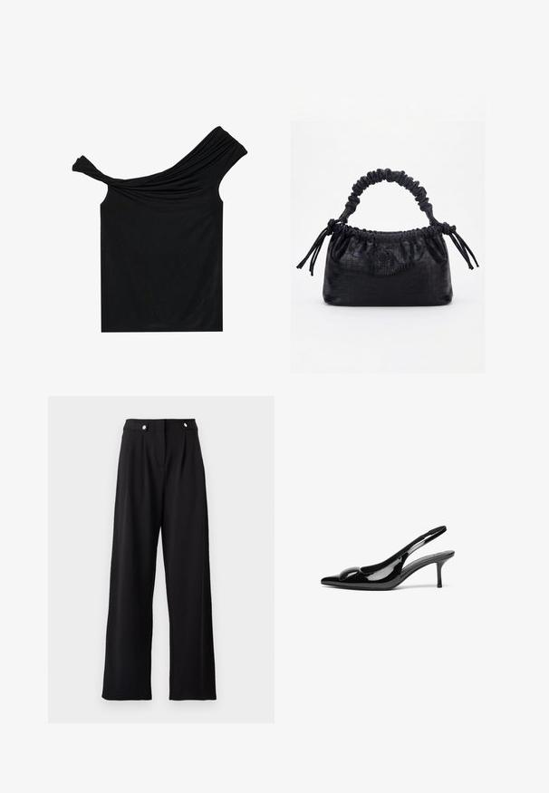 Zwarte off-shoulder top van een zachte stof. Heeft gedraaide details bij de halslijn en een strakke pasvorm.; Zwarte brede broek met een gladde textuur, voorzien van een hoge taille, plooien aan de voorkant en metallic knoopaccenten.; Zwarte gepatineerde leren slingback hakken met een puntige neus en een glanzende afwerking. Heeft een slanke hak en een ronde accent op de bovenkant.; Zwarte handtas met krokodillenstructuur, geplooide bovenrand, samengevoerde handgreep en koordtassels aan elke kant tegen een witte achtergrond.