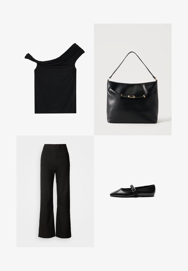 Blusa negra sin hombros hecha de una tela suave. Presenta un detalle retorcido en el escote y una silueta ajustada.; Pantalones de pierna ancha negros con una textura suave, cintura alta y un diseño limpio. Sin bolsillos visibles ni adornos.; Zapato plano negro de cuero con punta afilada, correa ajustable con hebilla de metal, textura suave y diseño minimalista.; Bolso de hombro de cuero negro con una sola correa y un pequeño detalle de hebilla dorada en la parte delantera sobre un fondo claro y liso.