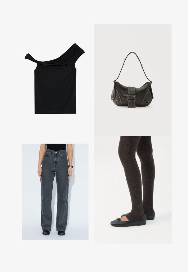 Blusa negra sin hombros hecha de una tela suave. Presenta un detalle retorcido en el escote y una silueta ajustada.; Mujer con vaqueros oscuros de cintura alta y corte holgado, zapatos negros y camiseta negra, de pie frente a un fondo claro y liso.; Piernas con leggings oscuros acanalados combinados con bailarinas negras que presentan pequeños detalles de lazo sobre un fondo blanco.; Bolso de hombro de cuero negro con detalle de correa con hebilla, bordes curvos y costuras blancas en contraste sobre un fondo liso.