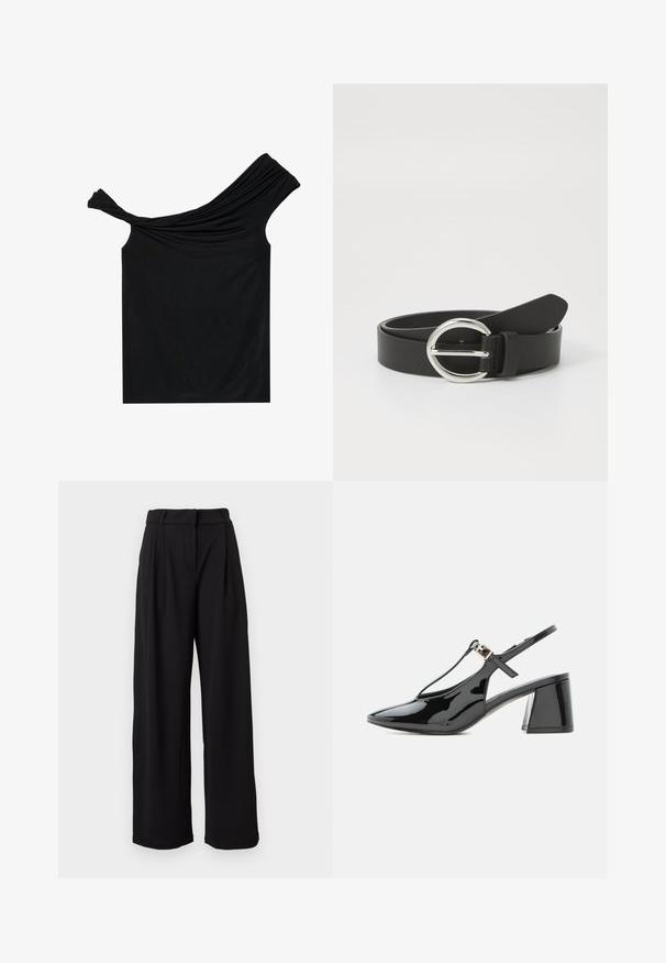 Schwarzes, schulterfreies Oberteil aus einem weichen Stoff. Mit gedrehten Details am Ausschnitt und einer figurbetonten Silhouette.; Schwarze High-Waist-Hose mit weitem Bein, Gürtelschlaufen und einem Reißverschluss vorne, vor weißem Hintergrund präsentiert.; Schwarzer Lackleder-Slingback mit niedrigem Absatz, spitzer Kappe und T-Riemen mit kleiner goldener Schnalle.; Schwarzer Leder Gürtel mit einer runden silbernen Schnalle, glatter Textur und einem schlichten Design. Der Riemen ist verstellbar und hat ein spitzes Ende.
