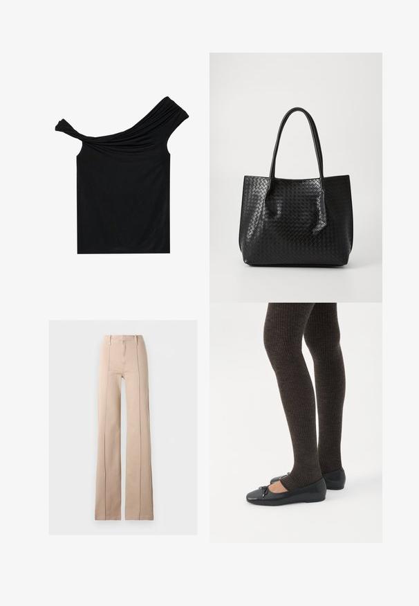 Blusa negra sin hombros hecha de una tela suave. Presenta un detalle retorcido en el escote y una silueta ajustada.; Pantalones beige de cintura alta y pernera ancha con costuras frontales, presillas para cinturón y cierre de cremallera, sobre un fondo liso.; Piernas con leggings oscuros acanalados combinados con bailarinas negras que presentan pequeños detalles de lazo sobre un fondo blanco.; Bolso tote de cuero trenzado negro con dos asas, forma estructurada y un sutil acabado brillante sobre un fondo claro.