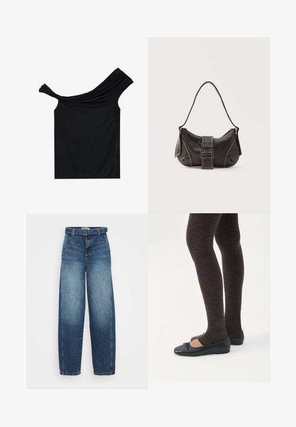 Blusa negra sin hombros hecha de una tela suave. Presenta un detalle retorcido en el escote y una silueta ajustada.; Pantalones de mezclilla azul de tiro alto y pernera ancha con un cinturón, que presentan un lavado desgastado, corte recto y detalles de costura mínimos.; Piernas con leggings oscuros acanalados combinados con bailarinas negras que presentan pequeños detalles de lazo sobre un fondo blanco.; Bolso de hombro de cuero negro con detalle de correa con hebilla, bordes curvos y costuras blancas en contraste sobre un fondo liso.