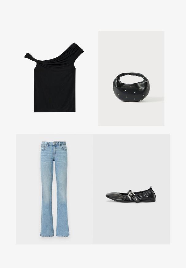 Sort off-shoulder top lavet af et blødt stof. Har snoet detalje ved udskæringen og en tætsiddende silhuet.; Lyseblå denimjeans med høj talje og vide ben, med forlommer, bæltestropper og lukning med knap.; Sorte læder flade sko med spids tå, samling detaljer omkring åbningen, og en sølv spænde accent på den justerbare rem.; Sort læderhåndtaske med en rundet form, dekoreret med sølvnitter, og et kort håndtag. Glat tekstur og lynlåslukning.