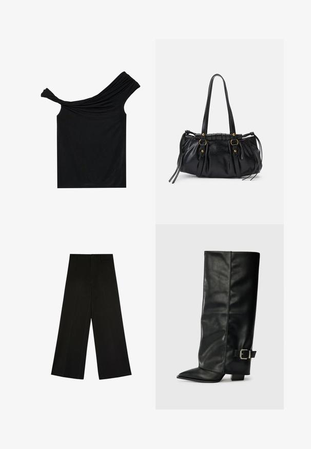 Schwarzes, schulterfreies Oberteil aus einem weichen Stoff. Mit gedrehten Details am Ausschnitt und einer figurbetonten Silhouette.; Schwarze weit geschnittene Hose mit Knopf- und Reißverschluss, Gürtelschlaufen und vorderen Bügelfalten, flach auf weißem Hintergrund liegend.; Schwarze Lederstiefeletten in Knöchellänge mit spitzem Zehenbereich, glatter Oberfläche und silberner Schnallenakzent an der Seite. Massiver, quadratischer Absatz.; Schwarze Lederhandtasche mit runder Form, doppelten Griffen, dekorativen Hardware-Details und seitlichen Bindebändern. Glatte, glänzende Textur.