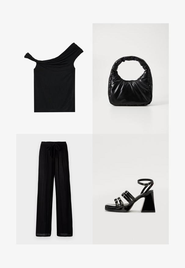 Blusa negra sin hombros hecha de una tela suave. Presenta un detalle retorcido en el escote y una silueta ajustada.; Pantalones negros de pierna ancha con una tela texturizada, que presentan una cintura atada y un corte relajado. El dobladillo es ligeramente transparente con una silueta recta.; Sandalias de tacón de charol negro con punta cuadrada, diseño de múltiples correas, correa ajustable en el tobillo y tacón geométrico grueso.; Bolso negro acolchado con un asa redondeada, que presenta una superficie lisa y brillante y una textura suave y acolchada. Sin herrajes ni acentos visibles.