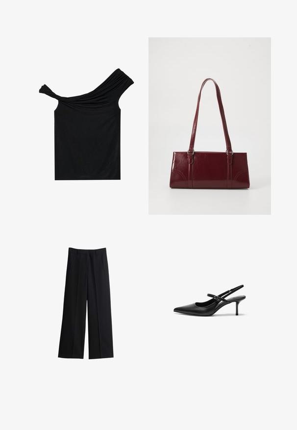 Zwarte off-shoulder top van een zachte stof. Heeft gedraaide details bij de halslijn en een strakke pasvorm.; Zwarte wijde broek van soepel stof. Kenmerken zijn onder meer een geplooide voorkant en zijzakken. Tailored ontwerp met een gepolijste afwerking.; Zwarte leren slingback hakken met een puntige neus, slanke verstelbare band en een ongeveer 5 cm hoge stiletto hak, met een gladde textuur.; Bourgondische handtas van glanzend materiaal, rechthoekige vorm, met twee schouderbanden en subtiele gebogen accenten aan de voorkant.