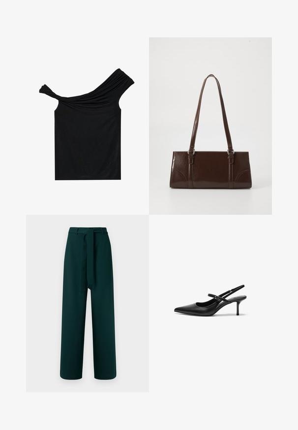 Sort off-shoulder top lavet af et blødt stof. Har snoet detalje ved udskæringen og en tætsiddende silhuet.; Grønne bukser med vidt ben, bæltestropper, et bundet stofbælte og en glat tekstur; har høj talje og uden synligt mønster.; Sorte læder slingback hæle med spids tå, slank justerbar rem og en stiletto hæl på cirka 5 cm, glat tekstur.; Brun lakeret håndtaske med rektangulær form, to lange håndtag og subtile buede detaljer på fronten.