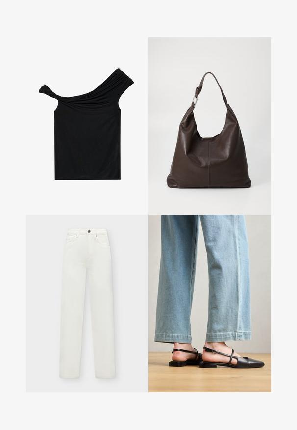 Zwarte off-shoulder top van een zachte stof. Heeft gedraaide details bij de halslijn en een strakke pasvorm.; Witte denim jeans met hoge taille en rechte pijpen, knoopsluiting en voorzakken, getoond tegen een effen achtergrond.; Zwarte leren slingback schoenen met een spitse neus, platte hak en enkelband; gedragen met lichtblauwe wijde jeans.; Zign by Zalando LEATHER - Shopper - chocolate brown