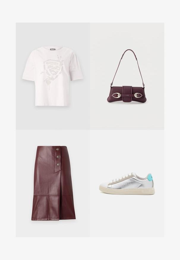 Witte T-shirt met korte mouwen, gemaakt van katoen, met een textuurontwerp in een subtiele metallic afwerking op de voorkant.; TWINSET COATED SKIRT - A-lijn rok - wine tasting; BOSS RHYS TENN PUMT - Sneakers laag - silver; Donkerpaarse leren schoudertas met zilveren ovale gespen en "HUGO"-logo op het voorflapje, smalle riem, minimalistisch design.