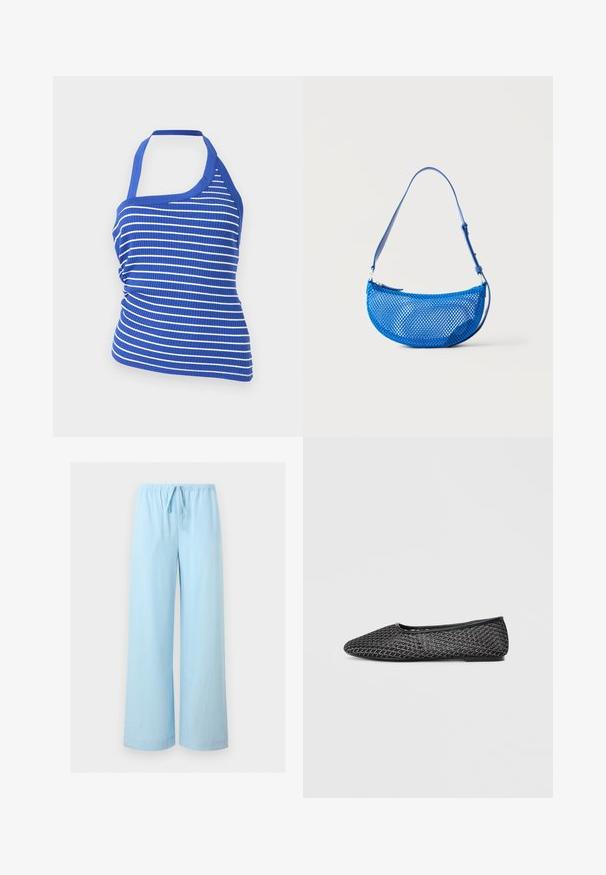 Crop top côtelé à rayures horizontales bleues et blanches, à col licou avec détails froncés sur les côtés.; Pantalon ample bleu clair avec une taille élastique et un cordon de serrage, présenté sur un fond gris uni.; Ballerines noires en mesh avec un bout pointu, une tige texturée avec un motif géométrique, et une semelle plate en caoutchouc.; Sac à bandoulière bleu en mesh avec sangle réglable et fermeture éclair, présenté sur un fond blanc uni.