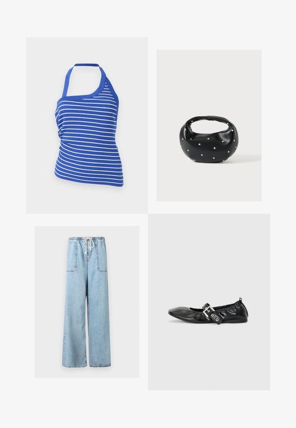 Μπλούζα crop top σε οριζόντιες ρίγες μπλε και λευκού με ριμπ ύφανση, halter λαιμόκοψη και ρυθμιζόμενες πλευρές με ρέλια.; Ανοιχτό μπλε τζιν παντελόνια με φαρδιά μπατζάκια, ελαστική μέση και λευκό κορδόνι, με μεγάλες μπροστινές τσέπες.; Μαύρο δερμάτινο φλατ παπούτσι με μυτερή μύτη, συγκεντρωμένες λεπτομέρειες γύρω από το άνοιγμα και μια ασημένια αγκράφα ως λεπτομέρεια στη ρυθμιζόμενη λουρίδα.; Μαύρη δερμάτινη τσάντα χειρός με στρογγυλεμένο σχήμα, διακοσμημένη με ασημένιες λεπτομέρειες με καρφιά και κοντή λαβή. Λείο υλικό και κλείσιμο με φερμουάρ.