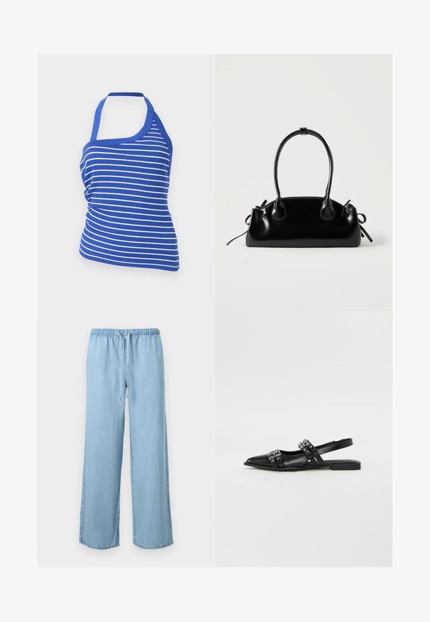 Μπλούζα crop top σε οριζόντιες ρίγες μπλε και λευκού με ριμπ ύφανση, halter λαιμόκοψη και ρυθμιζόμενες πλευρές με ρέλια.; Φαρδιά τζιν παντελόνια σε ανοιχτό μπλε χρώμα με ελαστική μέση και κορδόνι στο μπροστινό μέρος, σε λευκό φόντο.; Even&Odd Μπαλαρίνες με λουράκι στον αστράγαλο - black; Μικρή μαύρη γυαλιστερή τσάντα με δύο μακριές λαβές και λεπτομέρειες με ρυθμιζόμενο κορδόνι στο πλάι σε απλό ανοιχτό φόντο.