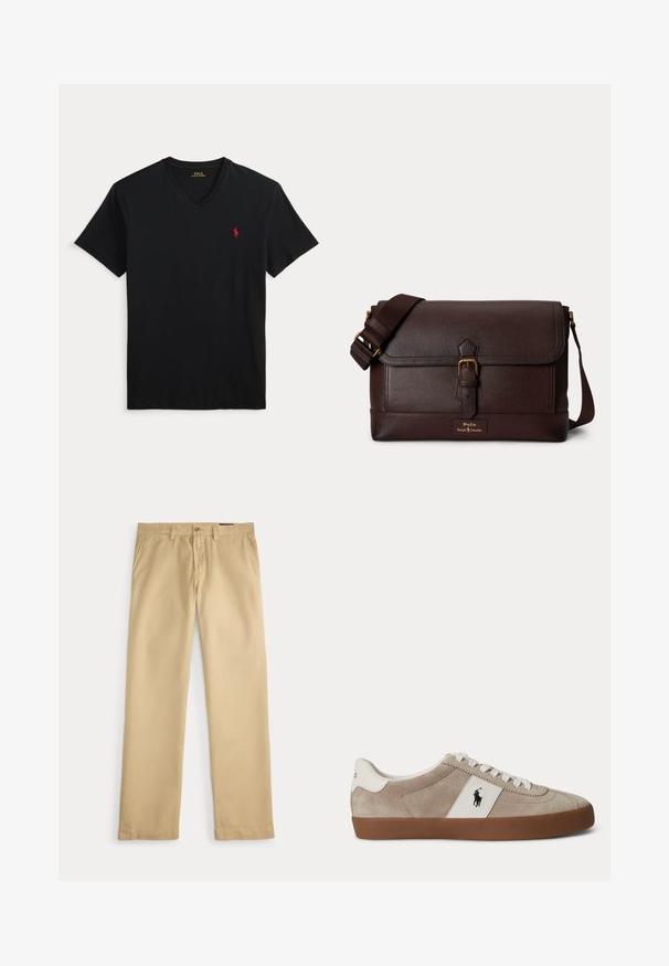 Sort V-hals T-shirt med korte ærmer og et lille rødt Polo Ralph Lauren-logo på venstre bryst.; Beige bukser med lige ben, bæltestropper, sidelommer og en knappet talje på hvid baggrund.; Beige ruskind lav-top sneaker med hvide snørebånd, hvid læder accent med sort hest logo og brun gummisål.; Mørkebrun læder messenger taske med frontspænde og justerbar skulderrem, Polo Ralph Lauren-logo på den nederste frontpanel.