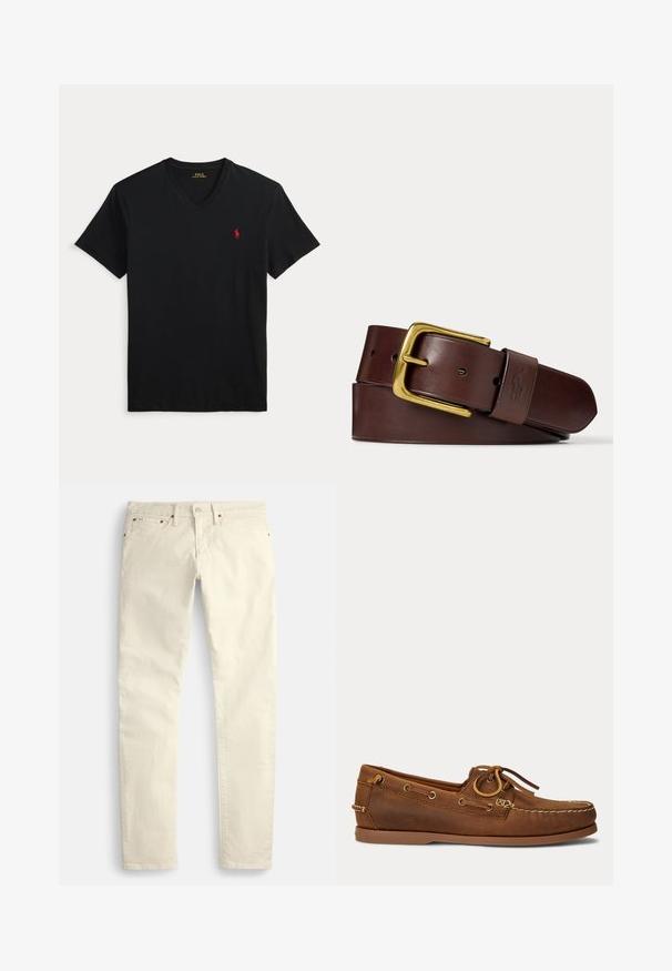 Camiseta negra de manga corta con escote en V y pequeño logo rojo de Polo Ralph Lauren en el pecho izquierdo.; Pantalones beige claro de pierna recta hechos de una tela texturizada. Cuentan con cinco bolsillos y herrajes metálicos marrones. Sin patrones ni accents visibles.; Zapato náutico de cuero marrón con costura de mocasín, detalle de cordones pasados por ojales metálicos y suela de goma plana visto de perfil.; Cinturón de cuero marrón enrollado con una hebilla rectangular dorada y una presilla de cuero con un logo grabado de caballo y jinete.