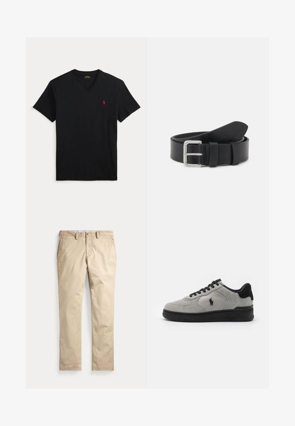 Must V-kaelusega lühikeste varrukatega T-särk, millel on vasakul rinnal väike punane Polo Ralph Laureni logo.; Beežid sirge eesosaga chinos-püksid vööaasade, küljetaskute ja nööpidega vöökoha kinnitusega valgel taustal.; Halli sisejalatsid mustade aktsentidega, millel on tekstuuriga kangas külgpaneel, ümar nina ja must kummikreen. Logo on tikandina külje peal.; Must mustrihaga mustriga hõbedase metallist pandlaga. Omab siledat tekstuuri ja reguleerimiskonksu suuruse kohandamiseks. Klassikaline disain ilma kaunistusteta.