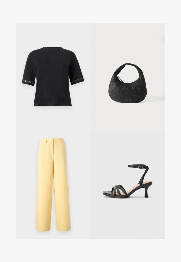 Haut noir à manches courtes avec encolure ronde et détails décoratifs découpés près des ourlets des manches, présenté sur un fond uni.; Pantalon jaune taille haute à jambes larges avec passants de ceinture, couture avant et fermeture avant dissimulée sur un fond uni clair.; Sandales à talons noirs avec plusieurs fines lanières sur le bout, une seule lanière à la cheville avec une boucle dorée, et un bout carré.; Sac à main en cuir tressé noir avec une poignée courbée et un corps en forme de croissant, présenté sur un fond blanc uni.