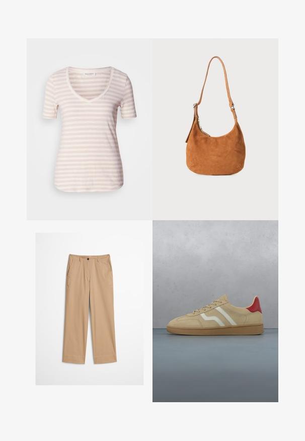 Kortærmet V-hals t-shirt i lys beige med tynde, vandrette hvide striber. Blødt stof med en afslappet pasform og afrundet kant.; Beige bomuldsbukser med lige ben, knaplukning foran og en glat tekstur. Har standard bærestropper og flad frontdesign.; Beige ruskindssneaker med rød hældetalje, hvide striber og en tekstureret tanfarvet gummisål. Har snørebånd og glat inderside.; Tan ruskinds skuldertaske med buet design, justerbar rem, metallynlås og præget logo-detail på forsiden.