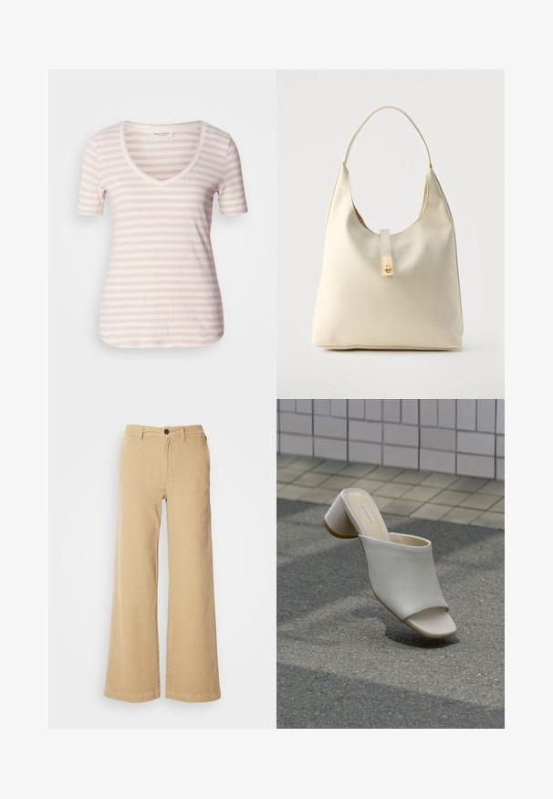 Kortærmet V-hals t-shirt i lys beige med tynde, vandrette hvide striber. Blødt stof med en afslappet pasform og afrundet kant.; Beige brede benbukser lavet af bomuldsblanding, med en frontknaplukning, bæltestropper og syninger langs sømmene.; Enkelt hvid åben tå mule med blokhæl på brolagt grund nær flisebelagt væg, vinklet for at vise side- og topudsigt.; Hobo-taske i cremefarvet læder med en enkelt skulderrem, glat tekstur og et guldfarvet spænde foran.