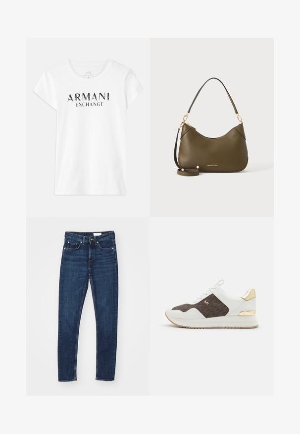 Valkoinen puuvillapaita lyhyillä hihoilla, jossa on musta painettu logo "ARMANI EXCHANGE" etupuolella. Perinteinen pyöreä kaula-aukko.; Tummansiniset farkut slim fit -mallissa, joissa on nappi- ja vetoketjukiinnitys, viisi taskua ja kontrastiväriset tikkaukset.; Valkoiset lenkkarit, joissa on ruskeasta kuviollisesta kankaasta valmistettu paneeli, kultaiset yksityiskohdat, pyöreä kärki, nauhakiinnitys ja teksturoitu kumipohja.; Oliivinvihreä nahkainen käsilaukku, jossa on lyhyet ja pitkät hihnat, kullanväriset metalliosat ja Michael Kors -logo kultaisena lähellä pohjaa yksinkertaisella taustalla.