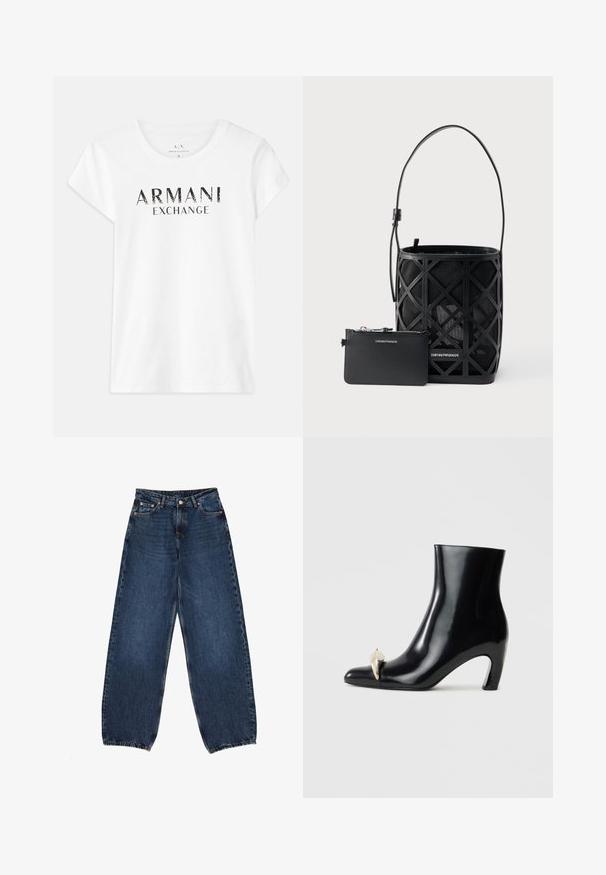 Hvid bomulds t-shirt med korte ærmer, prydet med det trykte logo "ARMANI EXCHANGE" i sort henover fronten. Klassisk crew neck design.; Mørkeblå bredbenede jeans lavet af denim, med høj talje, fem lommer, messingnitter og pæne kanter.; Sort ankelstøvle lavet af blank læder, med spids tå og en dekorativ guld- og sølvaccent foran. Design med blokhæle.; Sort spandformet håndtaske med geometrisk udskæringsdesign og matchende lille lynlåspung, begge mærket Emporio Armani.