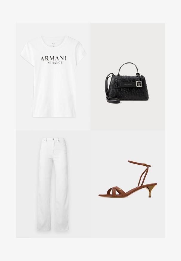 Valkoinen puuvillapaita lyhyillä hihoilla, jossa on musta painettu logo "ARMANI EXCHANGE" etupuolella. Perinteinen pyöreä kaula-aukko.; Valkoiset farkut, joissa on suora lahje, viiden taskun malli sekä klassinen nappi- ja vetoketjusuljenta hopeisilla yksityiskohdilla.; Ruskeat nahkaiset sandaalit, joissa on kultaista kitten-korkoa, nilkkahihna soljella ja pieni kultainen logo etuhihnoilla.; Mustassa käsilaukussa on teksturoitu materiaali, jossa on kohokuvioitu brändivaraus, ylhäällä oleva kahva ja irrotettava olkahihna hopeisilla yksityiskohdilla.