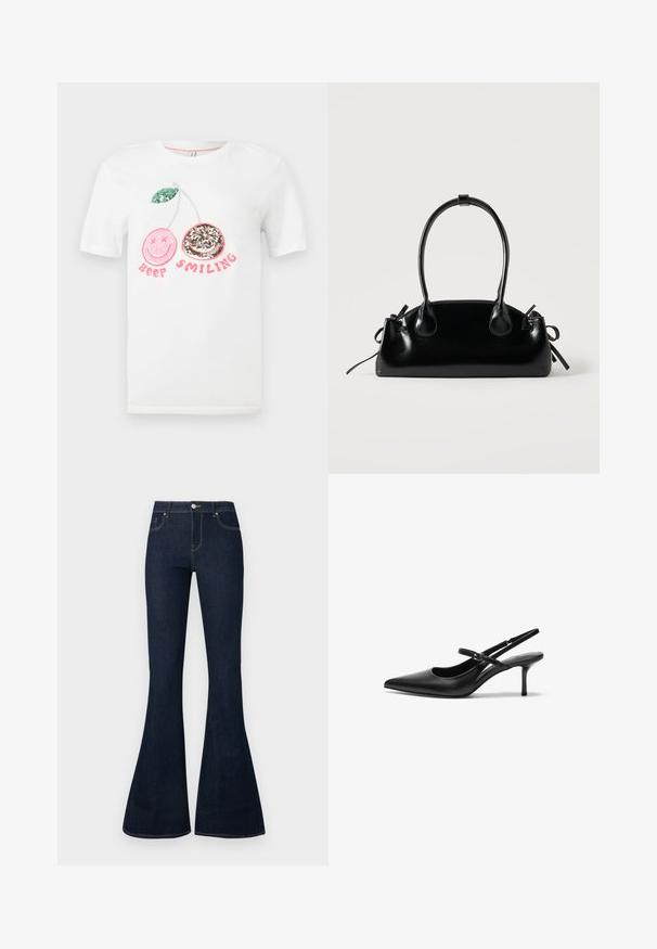 Λευκό T-shirt με δύο παγιετένια κεράσια, ένα ροζ με σταυρωμένα μάτια και ένα ασημί με χαμόγελο, και το κείμενο «Keep Smiling» σε ροζ από κάτω.; Σκούρες μπλε τζιν παντελόνες με ψηλή μέση, τελειώματα σε φαρδύ πόδι, μπροστινό κουμπί και φερμουάρ, και σχέδιο με πέντε τσέπες.; Μαύρες δερμάτινες γόβες slingback με λεπτή μύτη, λεπτή ρυθμιζόμενη λουρί και περίπου 5 εκ. τακούνι στιλέτο, απαλή υφή.; Μικρή μαύρη γυαλιστερή τσάντα με δύο μακριές λαβές και λεπτομέρειες με ρυθμιζόμενο κορδόνι στο πλάι σε απλό ανοιχτό φόντο.