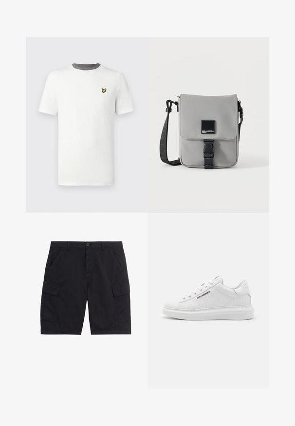 Weißes Baumwoll-T-Shirt mit rundem Hals, kurzen Ärmeln und grauem Halsausschnitt; auf der Brust befindet sich ein kleines gelbes gesticktes Logo.; Schwarze Cargo-Shorts mit vorderem Knopf und Reißverschluss, zwei seitlichen Taschen, zwei Klappentaschen und Gürtelschlaufen.; Weißer Sneaker aus glattem Leder mit geprägtem Muster. Verfügt über eine runde Zehenpartie, Schnürung vorne und strukturierten Sohle. Silbernes Logo-Detail an der Seite.; Graue Crossbody-Tasche mit schwarzem, verstellbarem Gurt, vordere Klappe mit schwarzer Schnalle gesichert, mit quadratischem Karl Lagerfeld Jeans Logo-Patch.