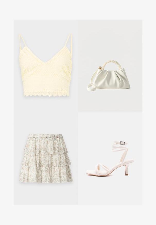 Gul blonde bralette med V-halsdesign, justerbare stropper, teksturerede mønstre og bølget kant.; Hvid nederdel med et lagdelt, bølget design. Udstyret med et delikat blomster mønster i pink og grøn. Elastisk talje for komfort.; Hvid sandal med hæl, spænde-front, ankelrem med spænde og en slank mellemhøj hæl mod en ensfarvet baggrund.; Lille hvid håndtaske med ruched krop, rundt håndtag pyntet med perler og aftagelig skulderrem på en ensfarvet baggrund.