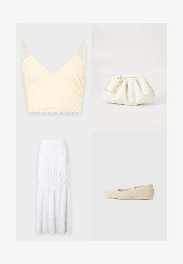 Gul blonde bralette med V-halsdesign, justerbare stropper, teksturerede mønstre og bølget kant.; Hvid, lagdelt maxinederdel lavet af letvægtsstof. Har elastisk taljebånd og subtil tekstur med vandrette sømme.; Lysebrune ballet flats med en glat læderoverflade, mandelformet tå og elastisk rem over vristen, med diskrete syninger.; Hvid læderhåndtaske med en samlede design, forsynet med en guldkæde-strop og en rund form. Glat tekstur med bløde folder og ingen mønstre.