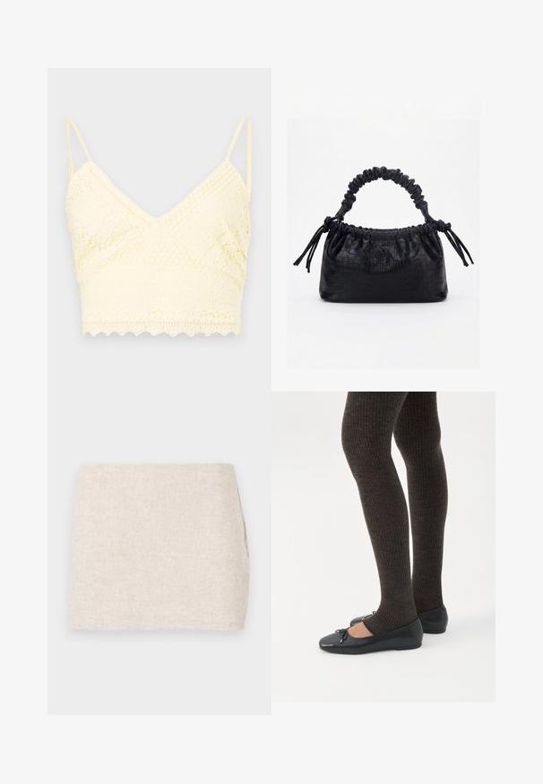 Gul blonde bralette med V-halsdesign, justerbare stropper, teksturerede mønstre og bølget kant.; Beige linnedyr med et minimalistisk design, der har en glat tekstur og en subtil vævning. Det har en lige, simpel skæring uden synlige lukninger.; Ben iført mørke ribbede leggings kombineret med sorte balletsko med små sløjfedetaljer på hvid baggrund.; Sort taske med krokodilletekstur, rynket øverste kant, samlet hank og snore med kvaster på hver side mod en hvid baggrund.
