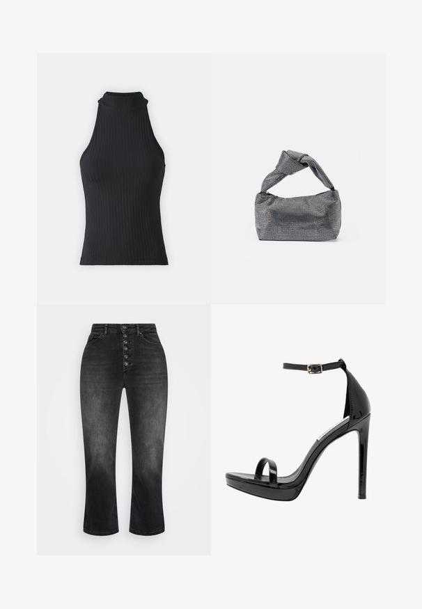 Haut sans manches noir à col montant, avec une coupe ajustée et un tissu extensible, présentant une texture subtile et des bords ourlés.; ONLY ONLEVELINA HIGH WAIST ANKLE - Jeans Skinny - washed black; Steve Madden MILANO - Sandales à talons hauts - black; Sac à main noir et argent avec une surface texturée affichant un motif en diamant, une anse nouée et une forme structurée.